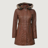 Womens Zipper Button Brown Leather Long Coat