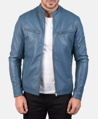 Ionic Blue Leather Biker Jacket
