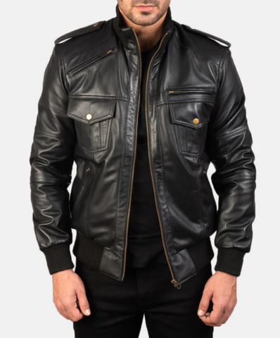 Agent Shadow Black Leather Bomber Jacket