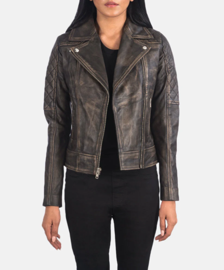 Carolyn Quilted Distressed Brown Biker Jacket