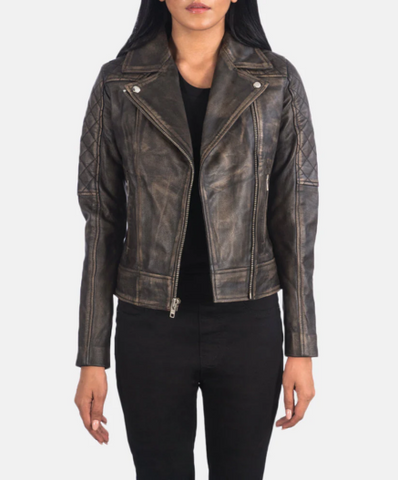 Carolyn Quilted Distressed Brown Biker Jacket