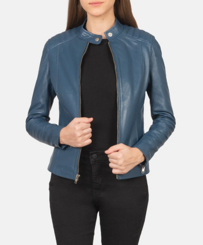 Kelsee Blue Leather Biker Jacket