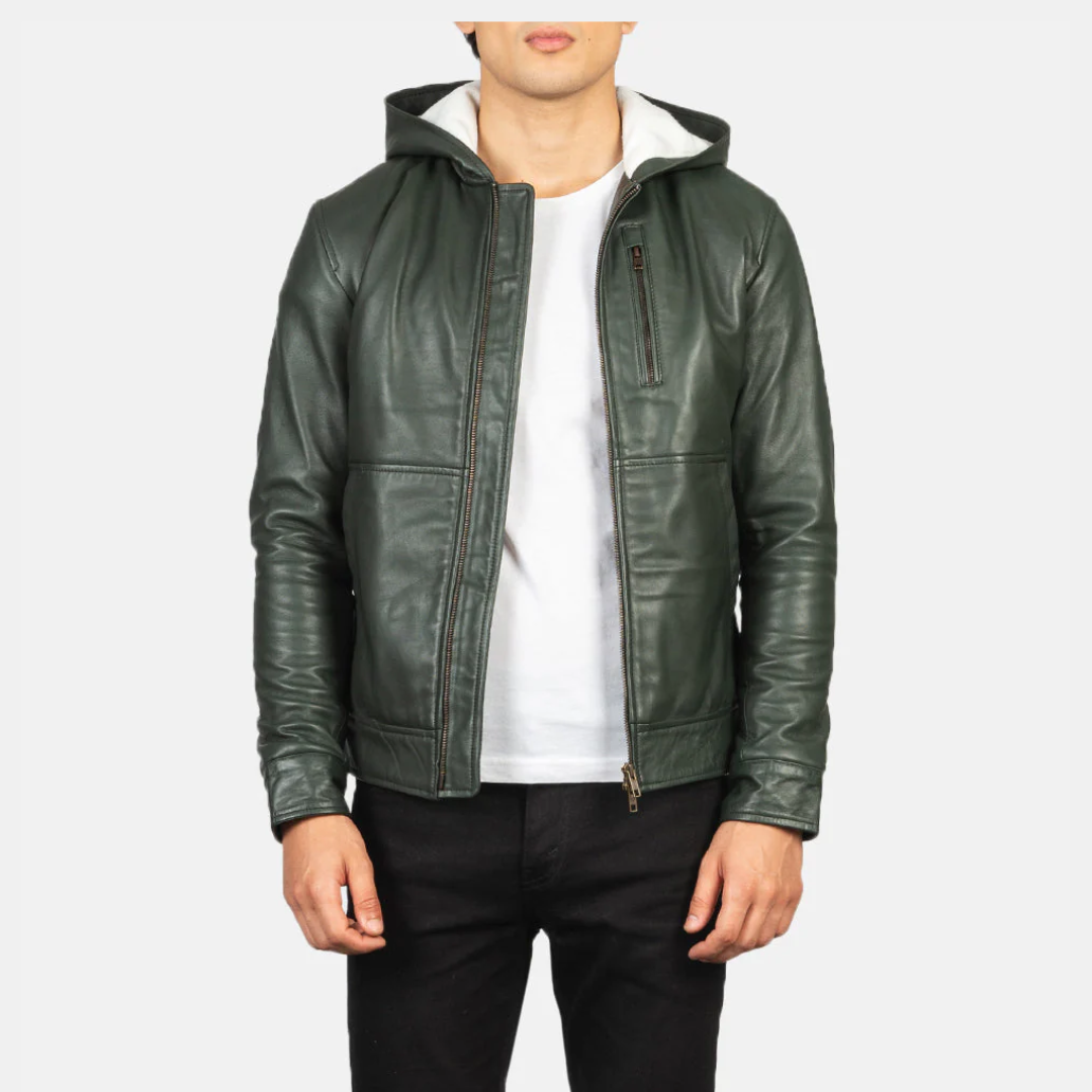 Baston Green Hooded Leather Bomber Jacket