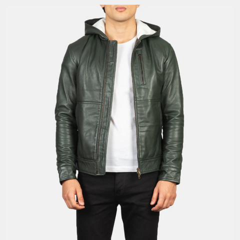 Baston Green Hooded Leather Bomber Jacket