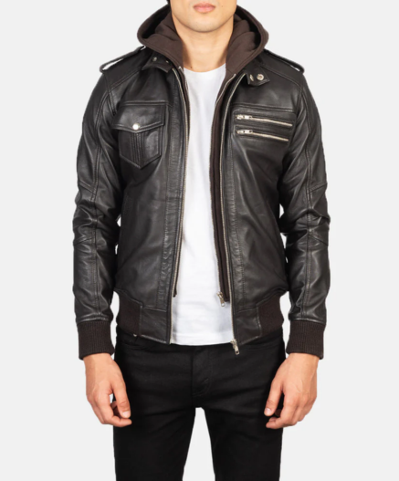 Bravado Black Hooded Leather Bomber Jacket