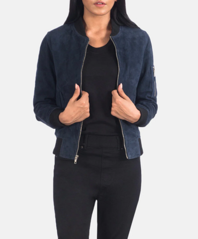 Ava MA-1 Blue Suede Bomber Jacket
