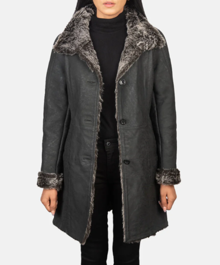 Erica Shearling Black Leather Coat