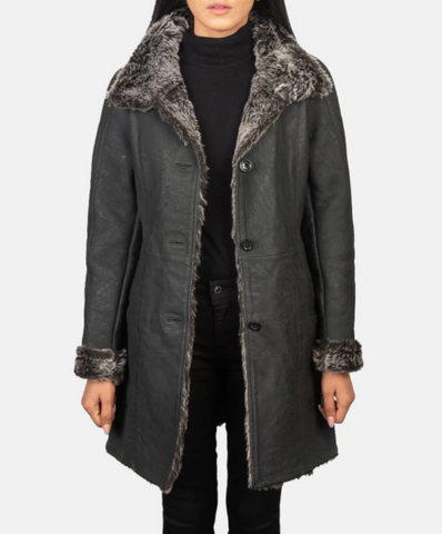 Erica Shearling Black Leather Coat