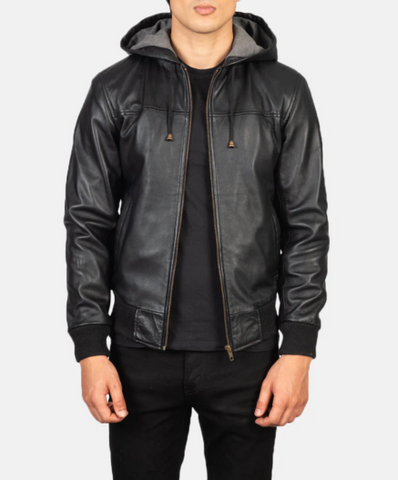Nintenzo Black Hooded Leather Bomber Jacket