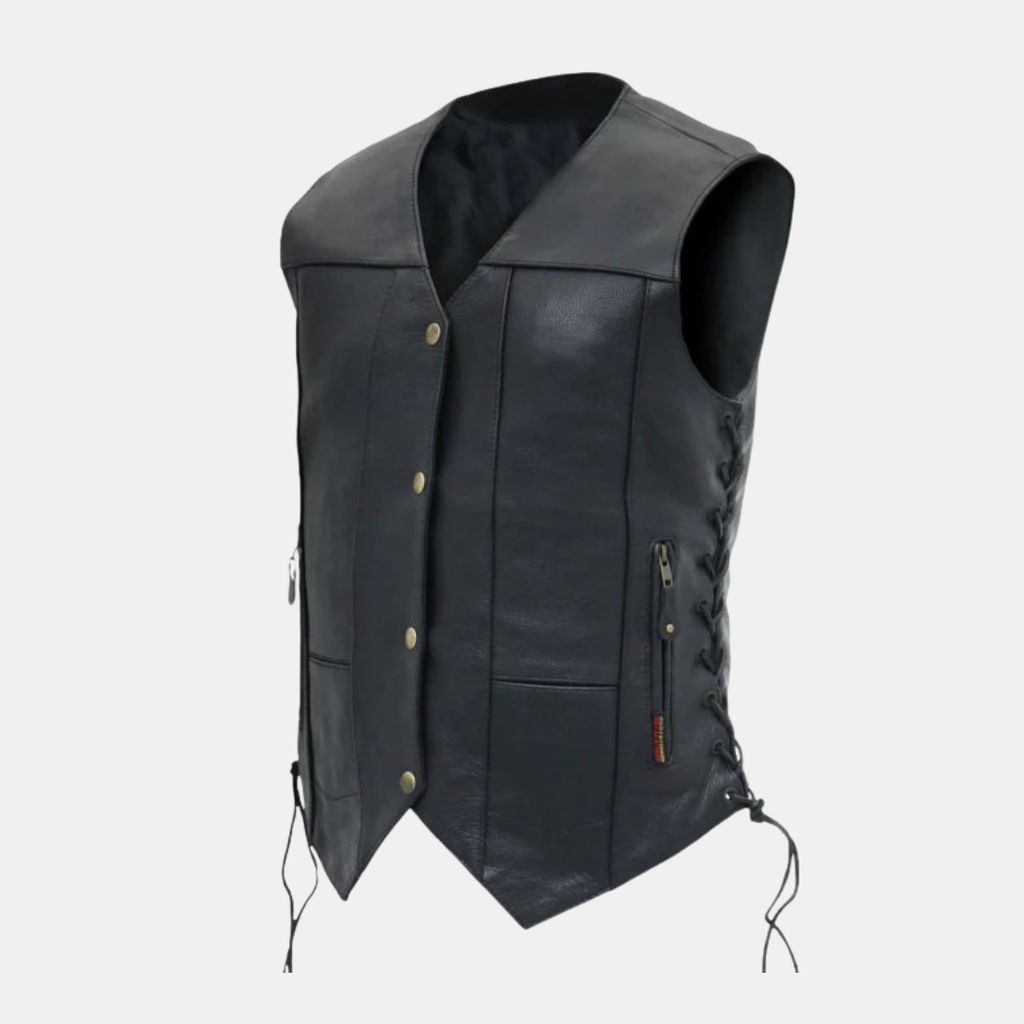 Ladies Black Motorcycle Ten Pocket Leather Biker Vest