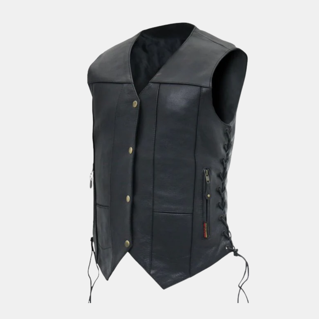 Ladies Black Motorcycle Ten Pocket Leather Biker Vest