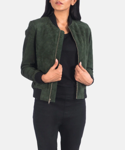 Bliss Green Suede Bomber Jacket