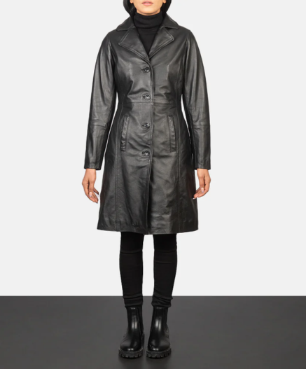 Alexis Black Single Breasted Leather Coat