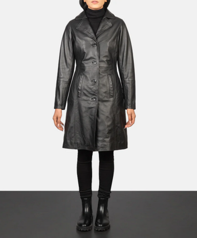 Alexis Black Single Breasted Leather Coat