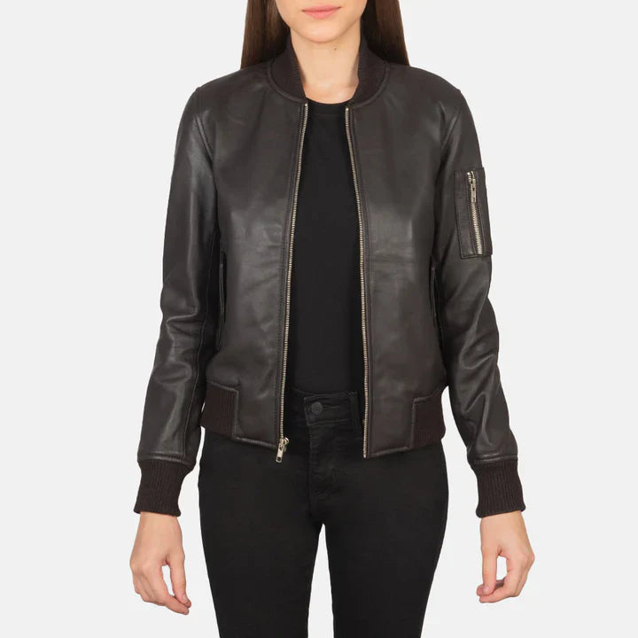 Ava MA-1 Brown Leather Bomber Jacket