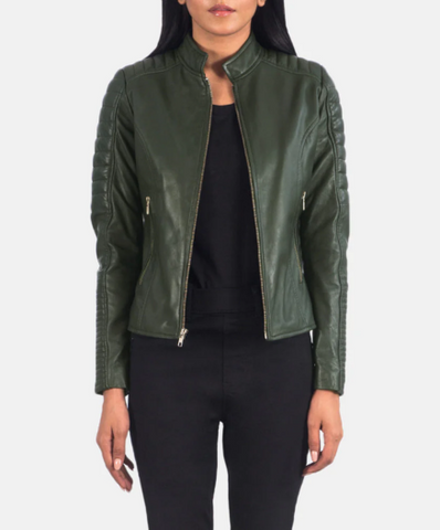 Adalyn Quilted Green Leather Biker Jacket