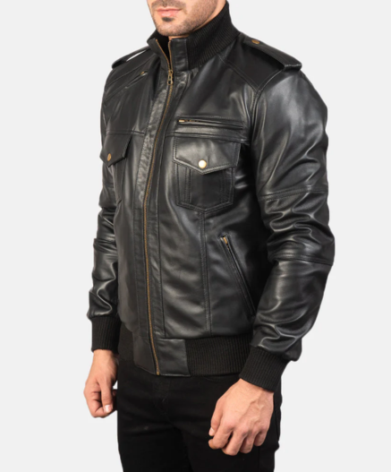 Agent Shadow Black Leather Bomber Jacket