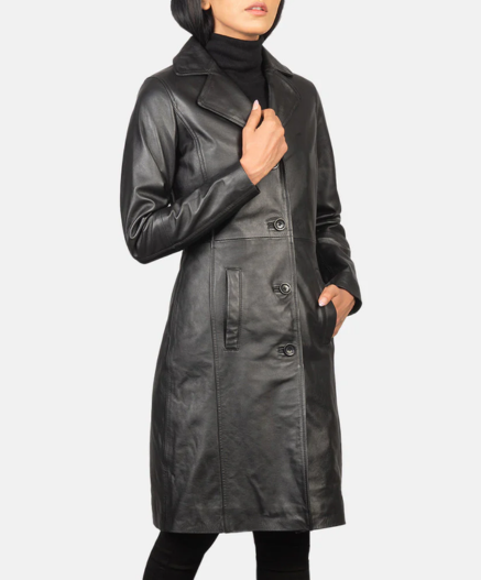 Alexis Black Single Breasted Leather Coat