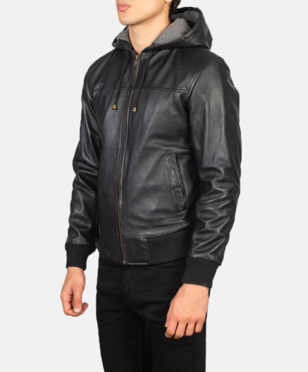 Nintenzo Black Hooded Leather Bomber Jacket