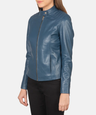 Kelsee Blue Leather Biker Jacket