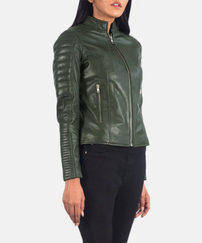 Adalyn Quilted Green Leather Biker Jacket