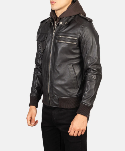 Bravado Black Hooded Leather Bomber Jacket