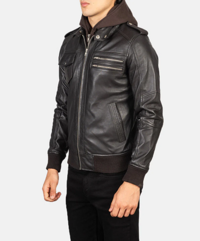 Bravado Black Hooded Leather Bomber Jacket