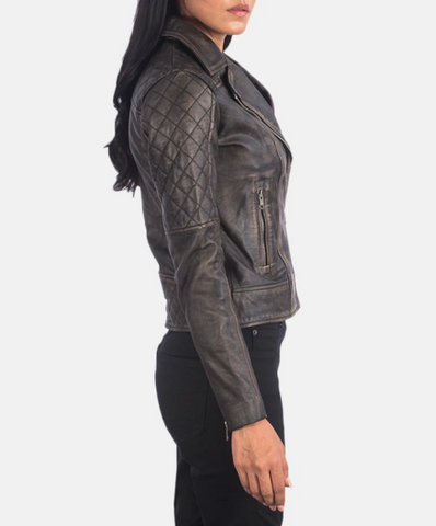 Carolyn Quilted Distressed Brown Biker Jacket