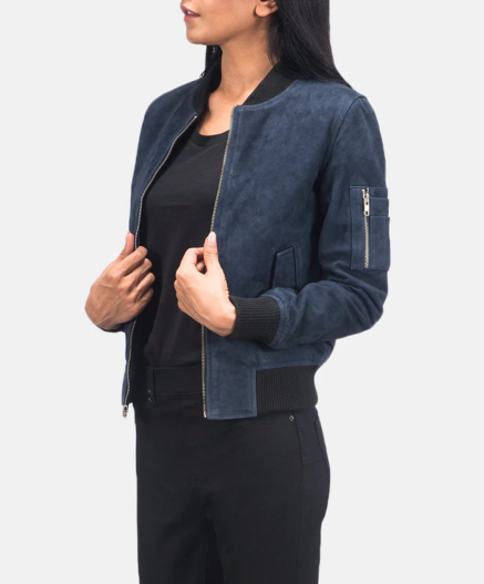 Ava MA-1 Blue Suede Bomber Jacket