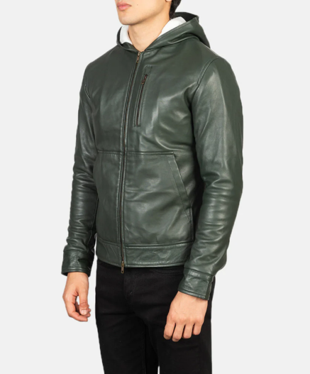 Baston Green Hooded Leather Bomber Jacket