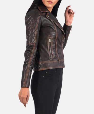 Carolyn Quilted Vintage Brown Biker Jacket