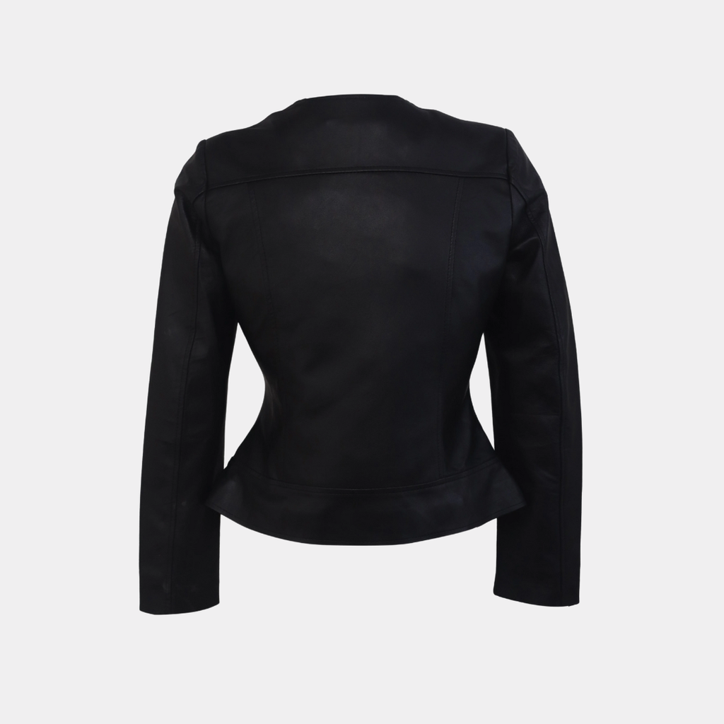 Women Round Necked Black Leather Jacket