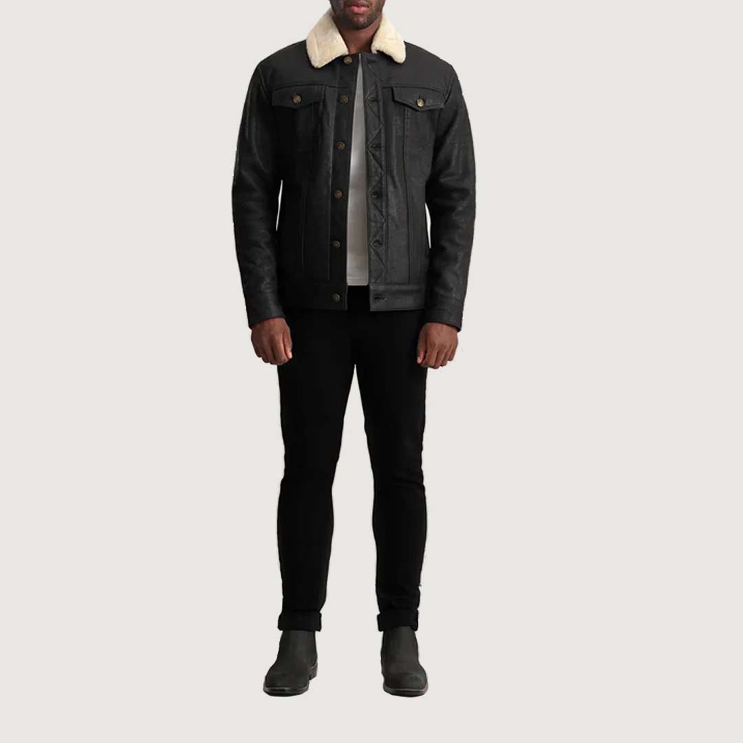 Dallis Distressed Black Leather Shearling Trucker Jacket