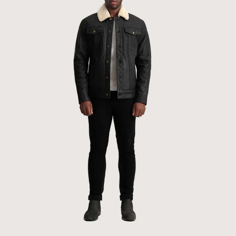 Dallis Distressed Black Leather Shearling Trucker Jacket