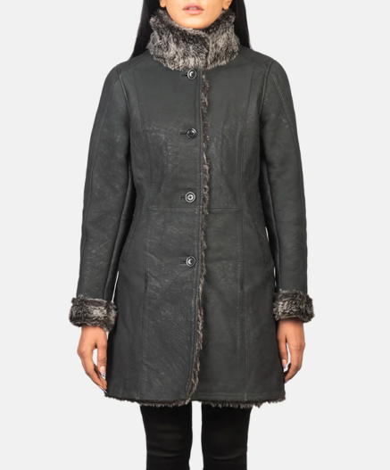 Erica Shearling Black Leather Coat