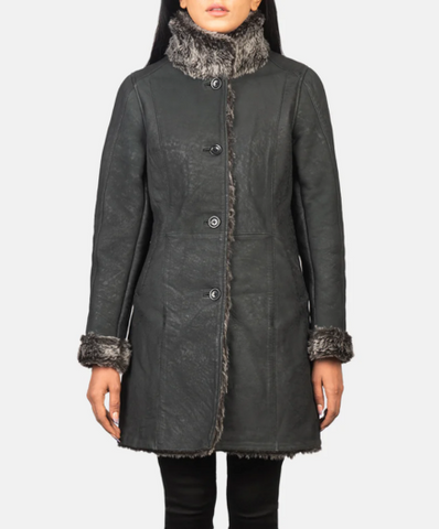 Erica Shearling Black Leather Coat