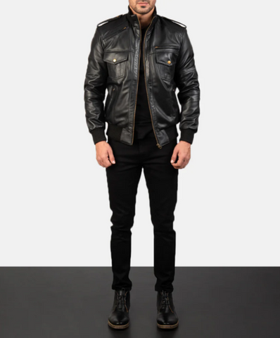 Agent Shadow Black Leather Bomber Jacket