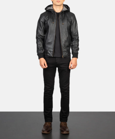 Nintenzo Black Hooded Leather Bomber Jacket