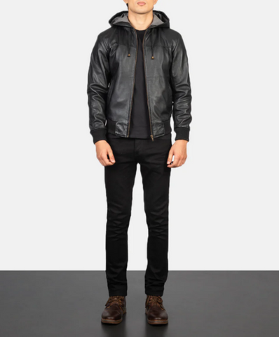 Nintenzo Black Hooded Leather Bomber Jacket