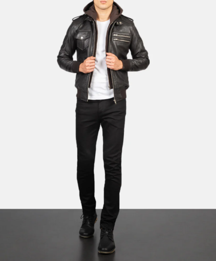 Bravado Black Hooded Leather Bomber Jacket
