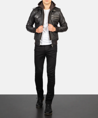 Bravado Black Hooded Leather Bomber Jacket