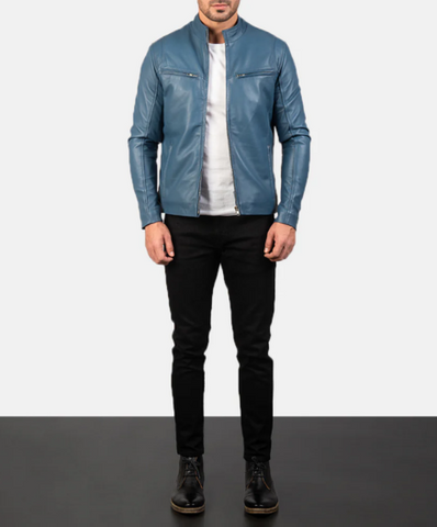 Ionic Blue Leather Biker Jacket