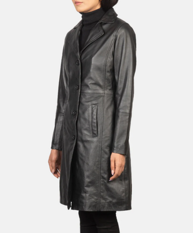 Alexis Black Single Breasted Leather Coat