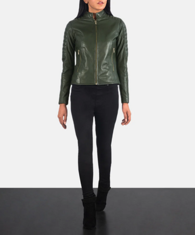 Adalyn Quilted Green Leather Biker Jacket