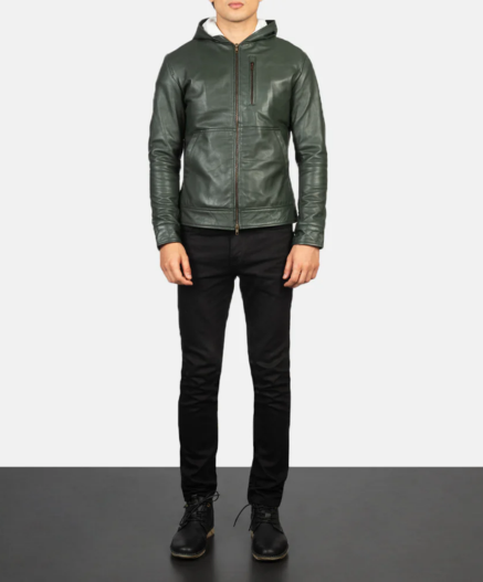 Baston Green Hooded Leather Bomber Jacket