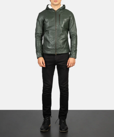 Baston Green Hooded Leather Bomber Jacket