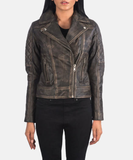 Carolyn Quilted Distressed Brown Biker Jacket
