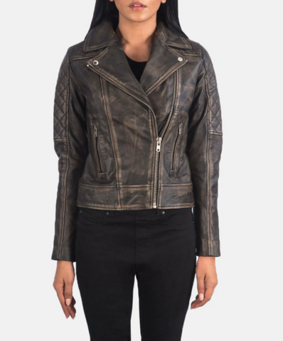 Carolyn Quilted Distressed Brown Biker Jacket