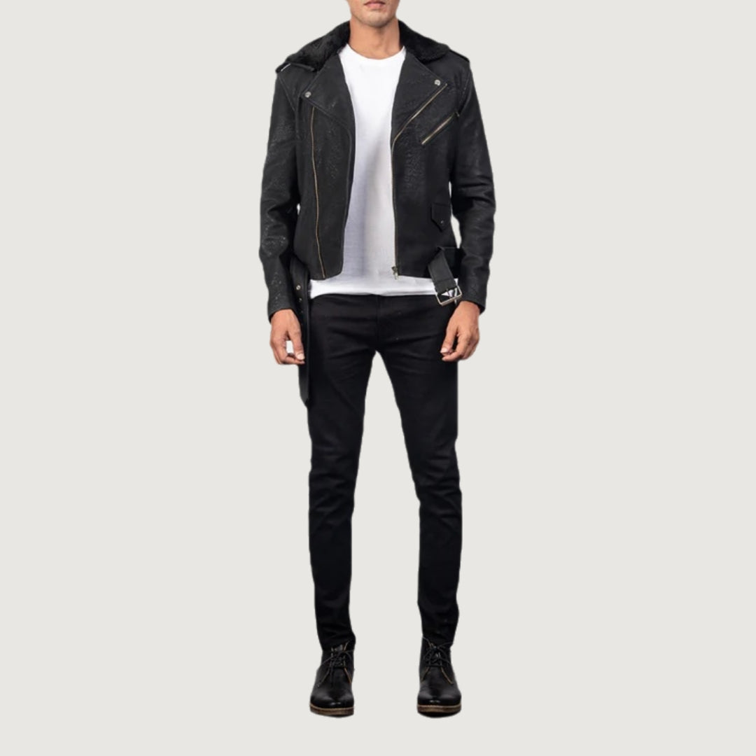 Furton Distressed Black Leather Biker Jacket