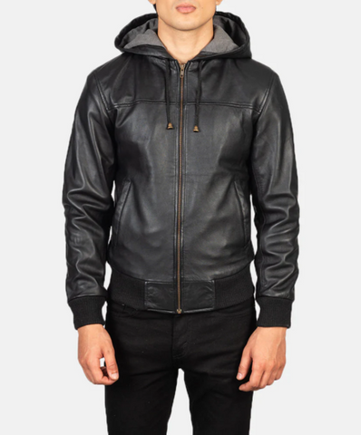 Nintenzo Black Hooded Leather Bomber Jacket